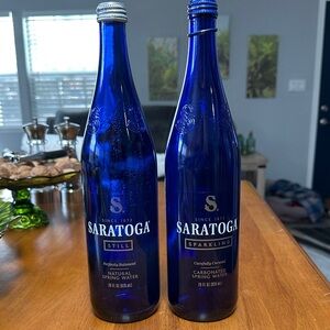 Saratoga Blue Cobalt Glass Still & Sparkling Water Bottles, Pair. Great as vases